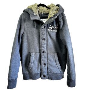 Abercrombie & Fitch Men's Y2K Gray Sherpa Distressed Heavy Hoodie Jacket SZ L
